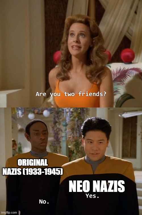 Neo-Nazis would be sent to auschwitz | ORIGINAL NAZIS (1933-1945); NEO NAZIS | image tagged in are you two friends,ww2,nazi,germany,neo-nazis,history | made w/ Imgflip meme maker