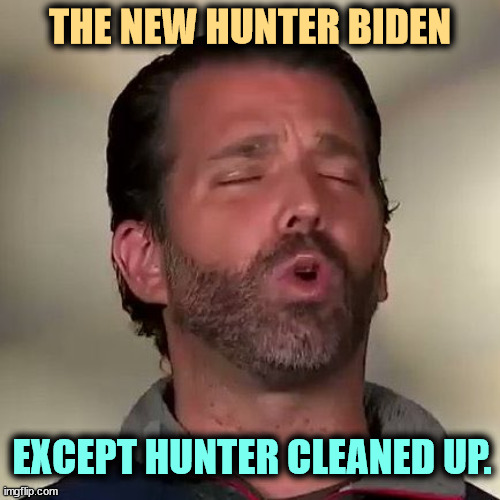 Welcome to my swamp. | THE NEW HUNTER BIDEN; EXCEPT HUNTER CLEANED UP. | image tagged in donald trump jr,drain the swamp,greedy,corruption | made w/ Imgflip meme maker