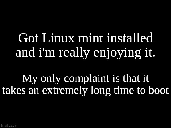 Got Linux mint installed and i'm really enjoying it. My only complaint is that it takes an extremely long time to boot | made w/ Imgflip meme maker