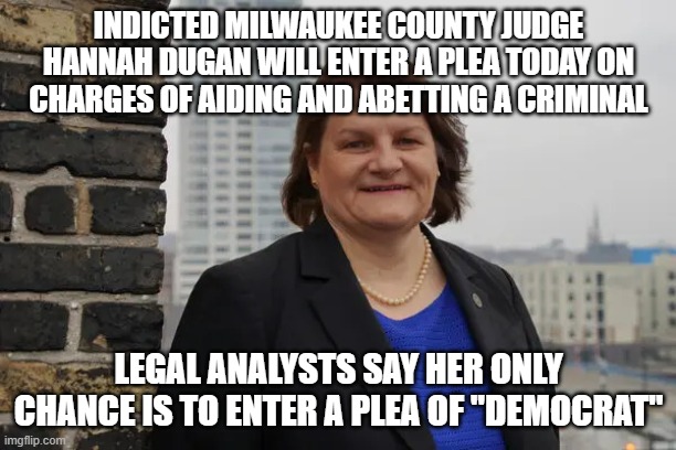 Judge Hannah Dugan | INDICTED MILWAUKEE COUNTY JUDGE HANNAH DUGAN WILL ENTER A PLEA TODAY ON CHARGES OF AIDING AND ABETTING A CRIMINAL; LEGAL ANALYSTS SAY HER ONLY CHANCE IS TO ENTER A PLEA OF "DEMOCRAT" | image tagged in judge hannah dugan | made w/ Imgflip meme maker