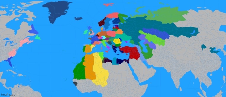 Current map of an alternate timeline where a slightly nerfed modern europe colonized a world almost empty of humans | image tagged in map,maps | made w/ Imgflip meme maker