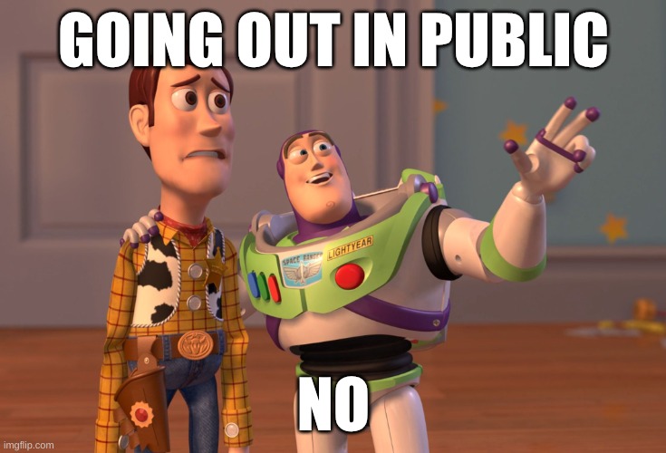 public | GOING OUT IN PUBLIC; NO | image tagged in memes,x x everywhere | made w/ Imgflip meme maker