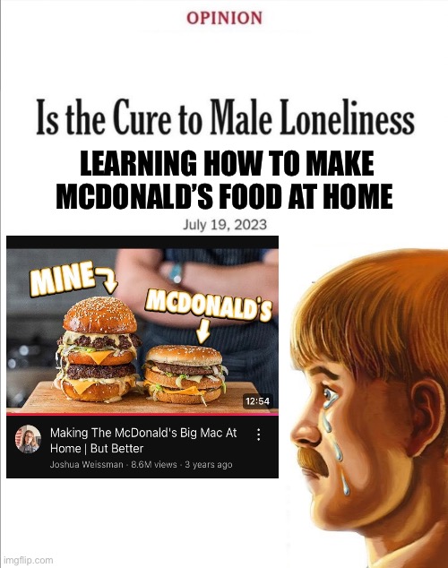 Is the cure to male loneliness image template | LEARNING HOW TO MAKE MCDONALD’S FOOD AT HOME | image tagged in is the cure to male loneliness image template,memes,mcdonalds,relatable memes,shitpost,lol | made w/ Imgflip meme maker