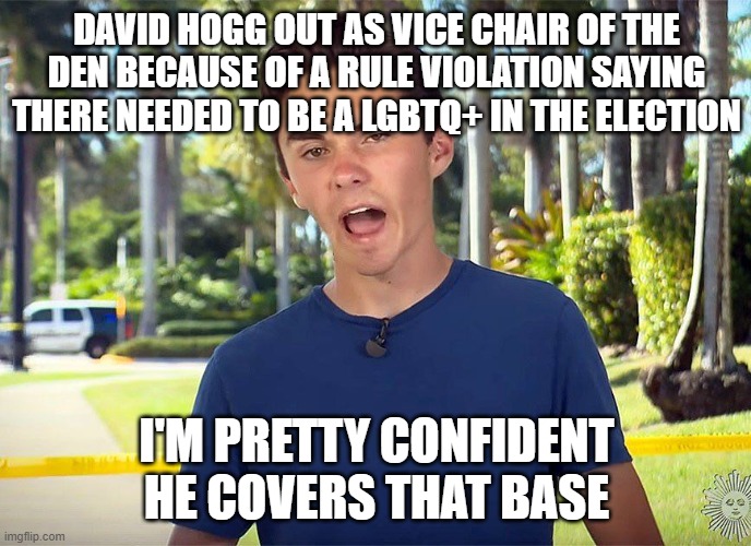 and there I was David Hogg | DAVID HOGG OUT AS VICE CHAIR OF THE DEN BECAUSE OF A RULE VIOLATION SAYING THERE NEEDED TO BE A LGBTQ+ IN THE ELECTION; I'M PRETTY CONFIDENT HE COVERS THAT BASE | image tagged in and there i was david hogg | made w/ Imgflip meme maker