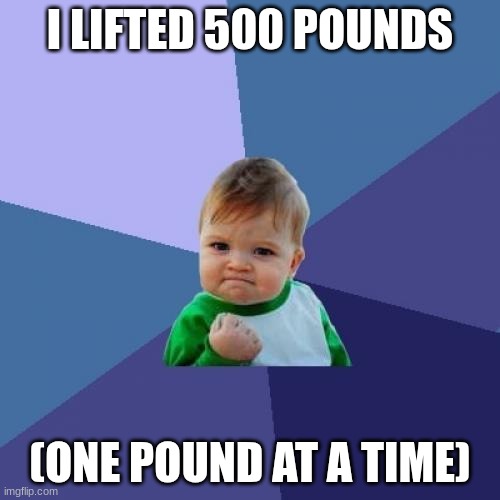 Strong | I LIFTED 500 POUNDS; (ONE POUND AT A TIME) | image tagged in memes,success kid,weak | made w/ Imgflip meme maker