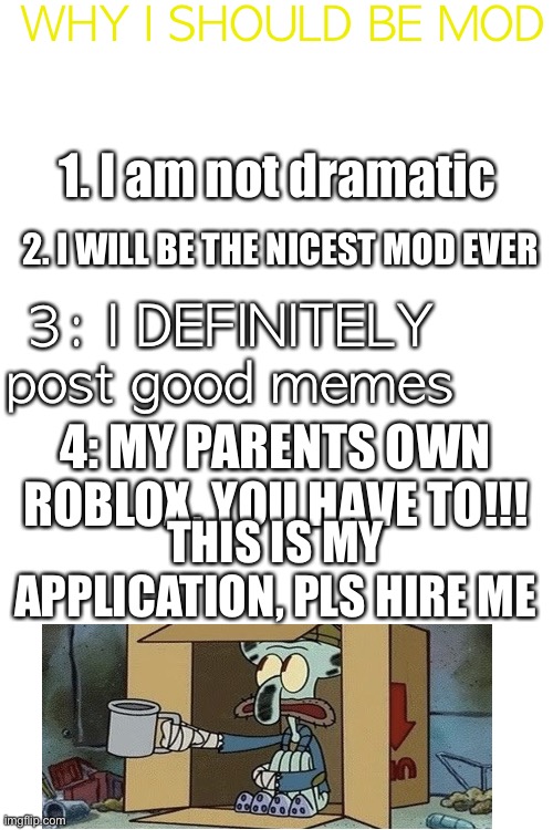 WHY I SHOULD BE MOD; 1. I am not dramatic; 2. I WILL BE THE NICEST MOD EVER; 3: I DEFINITELY post good memes; 4: MY PARENTS OWN ROBLOX, YOU HAVE TO!!! THIS IS MY APPLICATION, PLS HIRE ME | made w/ Imgflip meme maker