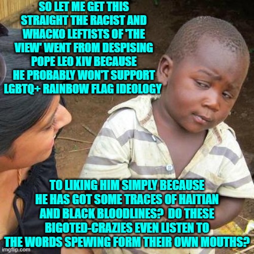 Oh snap!  I forgot that nothing is EVER racist when leftist whackos are spewing it. | SO LET ME GET THIS STRAIGHT THE RACIST AND WHACKO LEFTISTS OF 'THE VIEW' WENT FROM DESPISING POPE LEO XIV BECAUSE HE PROBABLY WON'T SUPPORT LGBTQ+ RAINBOW FLAG IDEOLOGY; TO LIKING HIM SIMPLY BECAUSE HE HAS GOT SOME TRACES OF HAITIAN AND BLACK BLOODLINES?  DO THESE BIGOTED-CRAZIES EVEN LISTEN TO THE WORDS SPEWING FORM THEIR OWN MOUTHS? | image tagged in third world skeptical kid | made w/ Imgflip meme maker
