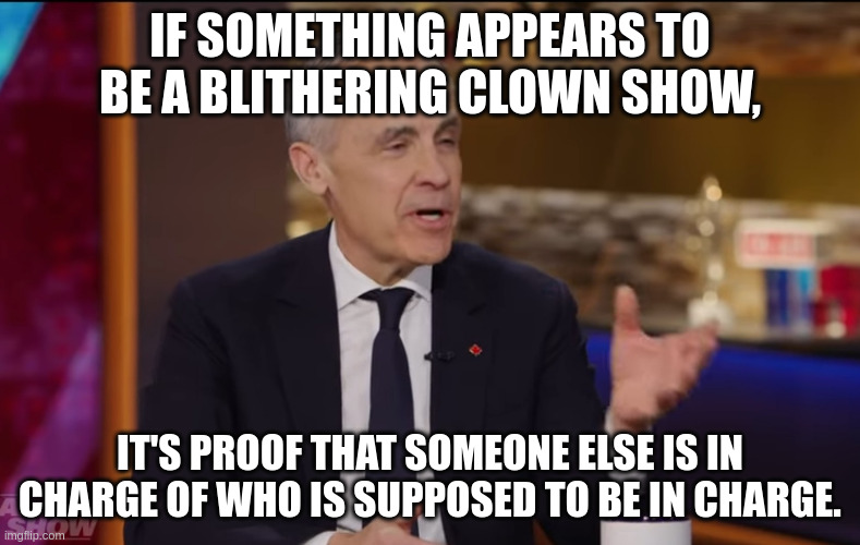 Mark Carney | IF SOMETHING APPEARS TO BE A BLITHERING CLOWN SHOW, IT'S PROOF THAT SOMEONE ELSE IS IN CHARGE OF WHO IS SUPPOSED TO BE IN CHARGE. | image tagged in mark carney | made w/ Imgflip meme maker
