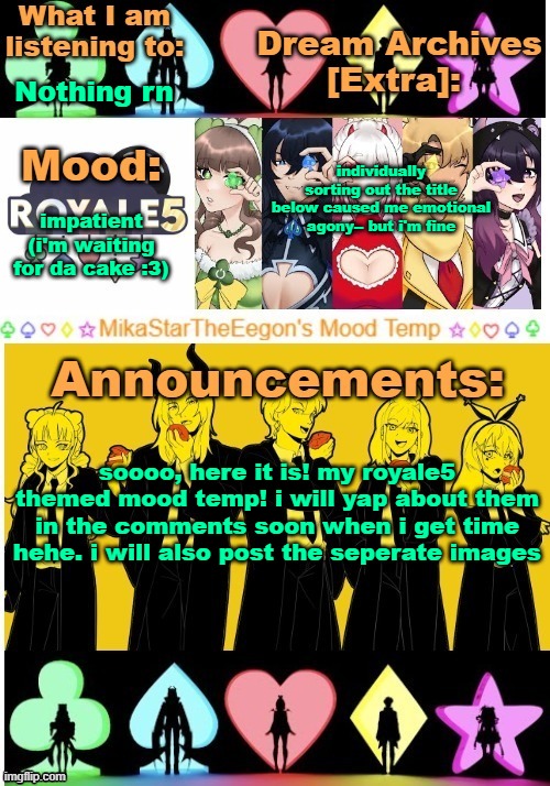 yay! temp remake! | Nothing rn; individually sorting out the title below caused me emotional agony-- but i'm fine; impatient (i'm waiting for da cake :3); soooo, here it is! my royale5 themed mood temp! i will yap about them in the comments soon when i get time hehe. i will also post the seperate images | image tagged in mikastartheeegon's mood temp royale5 remake | made w/ Imgflip meme maker