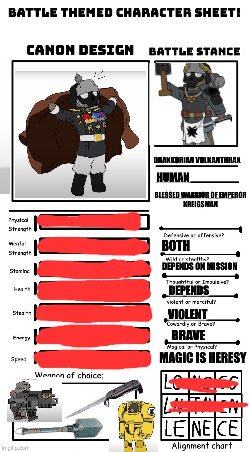 For the Emperor!! | DRAKKORIAN VULKANTHRAX; HUMAN; BLESSED WARRIOR OF EMPEROR
KREIGSMAN; BOTH; DEPENDS ON MISSION; DEPENDS; VIOLENT; BRAVE; MAGIC IS HERESY | image tagged in battle character template,little kreiger | made w/ Imgflip meme maker