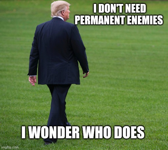 Donald J. Trump | I WONDER WHO DOES I DON'T NEED PERMANENT ENEMIES | image tagged in donald j trump | made w/ Imgflip meme maker