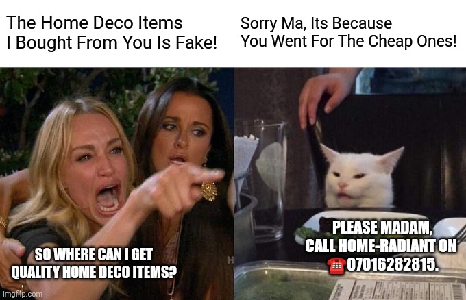 Homw Deco | The Home Deco Items I Bought From You Is Fake! Sorry Ma, Its Because You Went For The Cheap Ones! PLEASE MADAM, CALL HOME-RADIANT ON 
☎️07016282815. SO WHERE CAN I GET QUALITY HOME DECO ITEMS? | image tagged in memes,woman yelling at cat,homemade,furniture,luxury | made w/ Imgflip meme maker