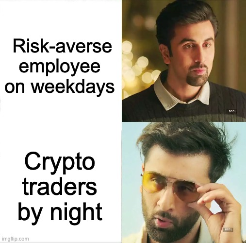 Sleeping Shaq Meme | Risk-averse employee on weekdays; Crypto traders by night | image tagged in memes,sleeping shaq | made w/ Imgflip meme maker