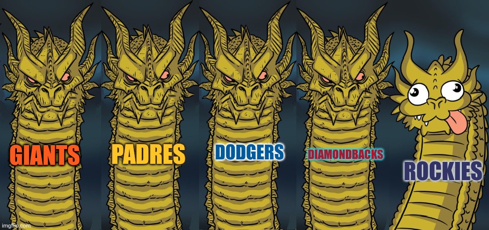 2025 NL west | DODGERS; PADRES; GIANTS; DIAMONDBACKS; ROCKIES | image tagged in 5 headed dragon,mlb baseball,colorado rockies,are so bad,i actually,feel bad | made w/ Imgflip meme maker