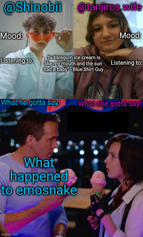 where ma boi go did he go to jail | What happened to emosnake | image tagged in shinobii and tanjiros wife announcement temp | made w/ Imgflip meme maker