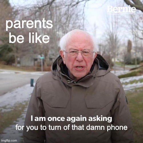 welp time to hop on my 3DS | parents be like; for you to turn of that damn phone | image tagged in memes,bernie i am once again asking for your support | made w/ Imgflip meme maker