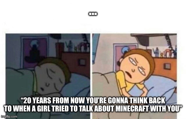 Morty waking up | …; “20 YEARS FROM NOW YOU’RE GONNA THINK BACK TO WHEN A GIRL TRIED TO TALK ABOUT MINECRAFT WITH YOU” | image tagged in morty waking up | made w/ Imgflip meme maker