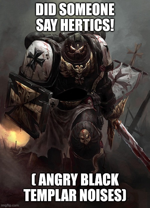 Warhammer 40k Black Templar | DID SOMEONE SAY HERTICS! ( ANGRY BLACK TEMPLAR NOISES) | image tagged in warhammer 40k black templar | made w/ Imgflip meme maker