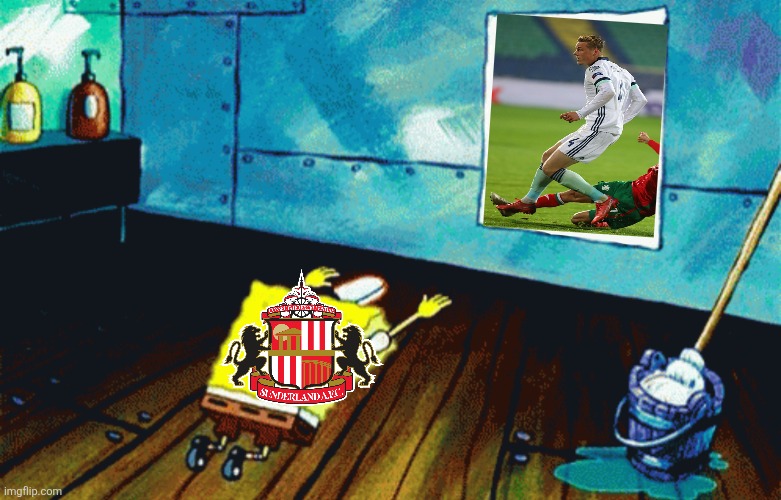 Sunderland 1 Coventry 1 | Daniel Ballard sends the Black Cats to Wembley à la Sergio Ramos vs Atlético. | image tagged in spongebob praising a photo,sunderland,championship,footy,sports | made w/ Imgflip meme maker