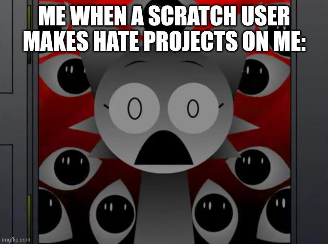 Me when a Scratch user makes hate projects on me | ME WHEN A SCRATCH USER MAKES HATE PROJECTS ON ME: | image tagged in scared wenda,sprunki | made w/ Imgflip meme maker
