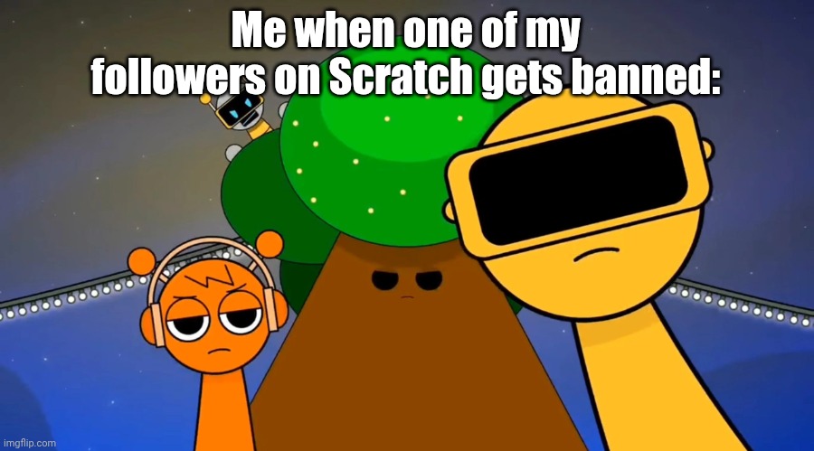 Me when one of my followers on Scratch gets banned | Me when one of my followers on Scratch gets banned: | image tagged in sprunkies reacting negatively to you,scratch | made w/ Imgflip meme maker