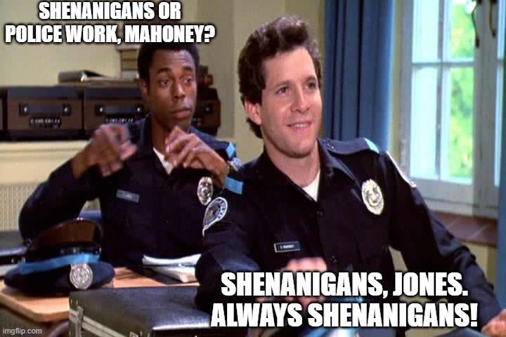 Shenanigans at work | SHENANIGANS OR POLICE WORK, MAHONEY? SHENANIGANS, JONES. ALWAYS SHENANIGANS! | image tagged in funny | made w/ Imgflip meme maker