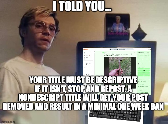 Reddit moderators be like.... | I TOLD YOU... YOUR TITLE MUST BE DESCRIPTIVE IF IT ISN'T, STOP AND REPOST. A NONDESCRIPT TITLE WILL GET YOUR POST REMOVED AND RESULT IN A MINIMAL ONE WEEK BAN | image tagged in dahmer,reddit,mod,moderator | made w/ Imgflip meme maker