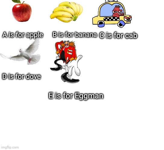 Abc Song Part 1 | A is for apple; B is for banana; C is for cab; D is for dove; E is for Eggman | image tagged in abc | made w/ Imgflip meme maker