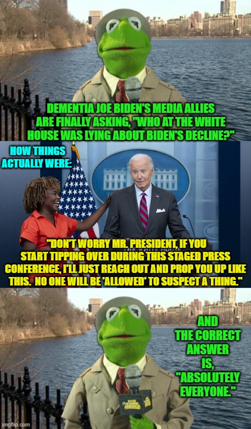 Absolutely everyone in a position to KNOW on the Left deliberately lied to the nation. | DEMENTIA JOE BIDEN'S MEDIA ALLIES ARE FINALLY ASKING, "WHO AT THE WHITE HOUSE WAS LYING ABOUT BIDEN'S DECLINE?"; HOW THINGS ACTUALLY WERE:; "DON'T WORRY MR. PRESIDENT, IF YOU START TIPPING OVER DURING THIS STAGED PRESS CONFERENCE, I'LL JUST REACH OUT AND PROP YOU UP LIKE THIS.  NO ONE WILL BE 'ALLOWED' TO SUSPECT A THING."; AND THE CORRECT ANSWER IS, "ABSOLUTELY EVERYONE." | image tagged in yep | made w/ Imgflip meme maker