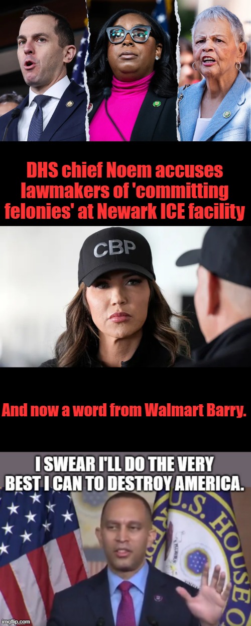 No ones above the law.Has there ever been so many DEMS who think they can break law after law and not be held accountable ? FAFO | DHS chief Noem accuses lawmakers of 'committing felonies' at Newark ICE facility; And now a word from Walmart Barry. | made w/ Imgflip meme maker