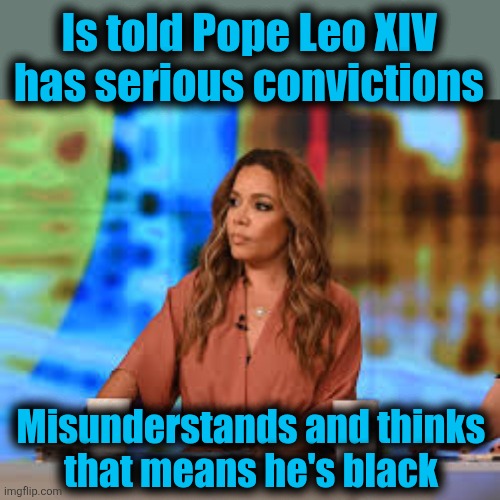 Sunny Hostin: professional idiot | Is told Pope Leo XIV
has serious convictions; Misunderstands and thinks
that means he's black | image tagged in sunny hostin,memes,the view,pope leo xiv,convictions,black | made w/ Imgflip meme maker