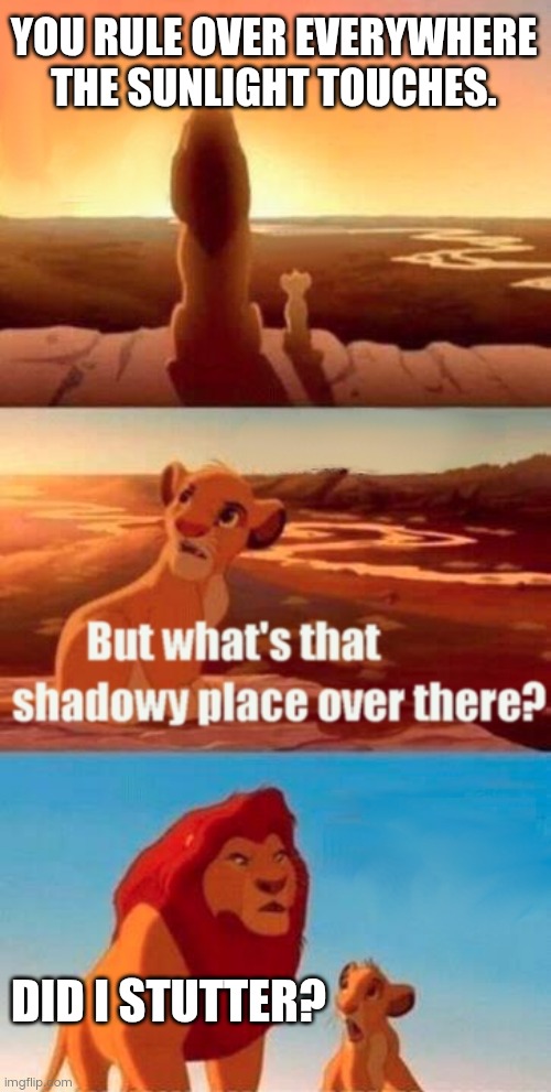 Simba Shadowy Place | YOU RULE OVER EVERYWHERE THE SUNLIGHT TOUCHES. DID I STUTTER? | image tagged in memes,simba shadowy place | made w/ Imgflip meme maker