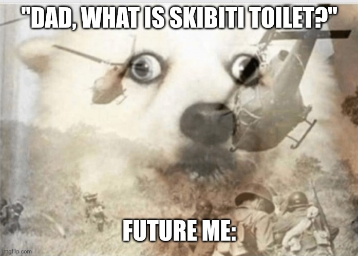 We all been through a lot | "DAD, WHAT IS SKIBITI TOILET?"; FUTURE ME: | image tagged in ptsd dog | made w/ Imgflip meme maker