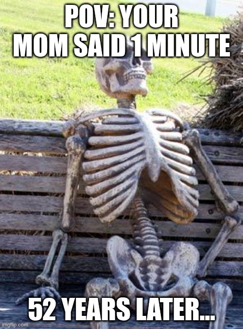 Waiting Skeleton | POV: YOUR MOM SAID 1 MINUTE; 52 YEARS LATER... | image tagged in memes,waiting skeleton | made w/ Imgflip meme maker