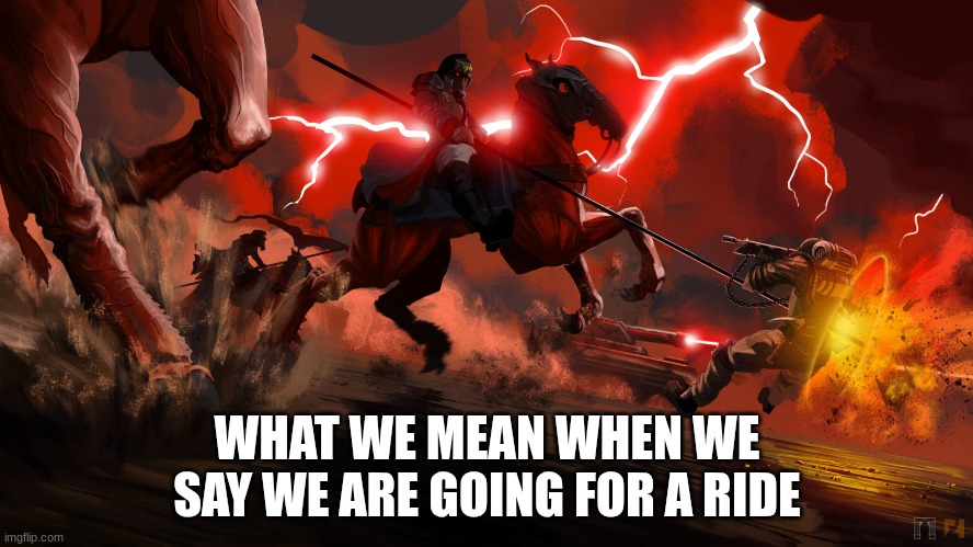 who wants to di... ride | WHAT WE MEAN WHEN WE SAY WE ARE GOING FOR A RIDE | image tagged in krieg death riders | made w/ Imgflip meme maker
