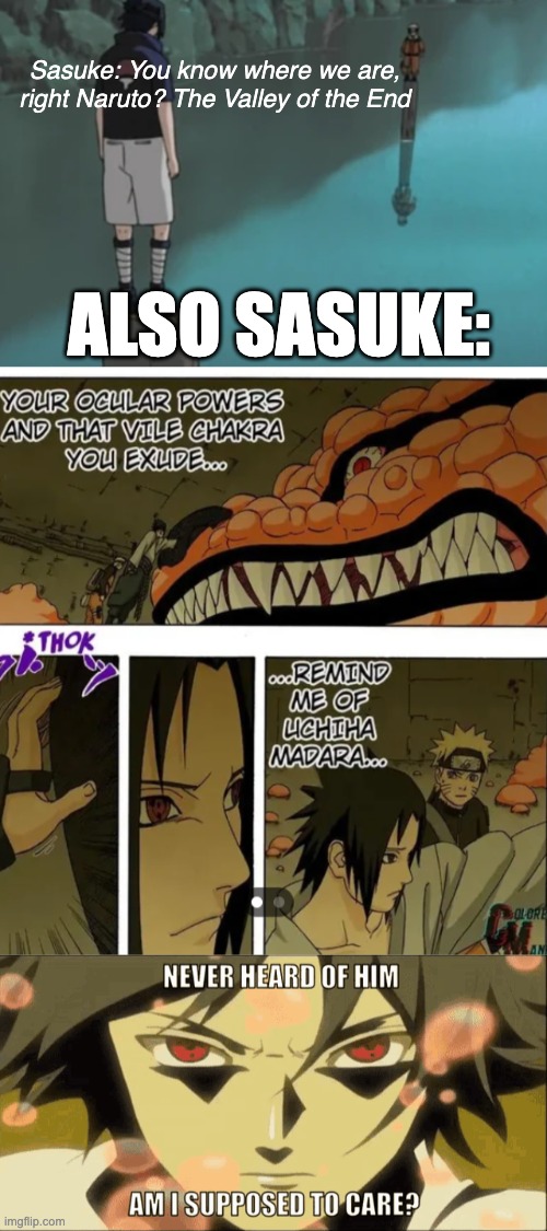 HOW HAS BRO NOT HEARD OF MADARA IF HE KNOWS ABOUT THE FINAL VALLEY?! | Sasuke: You know where we are, right Naruto? The Valley of the End; ALSO SASUKE: | image tagged in sasuke,naruto,anime,memes | made w/ Imgflip meme maker