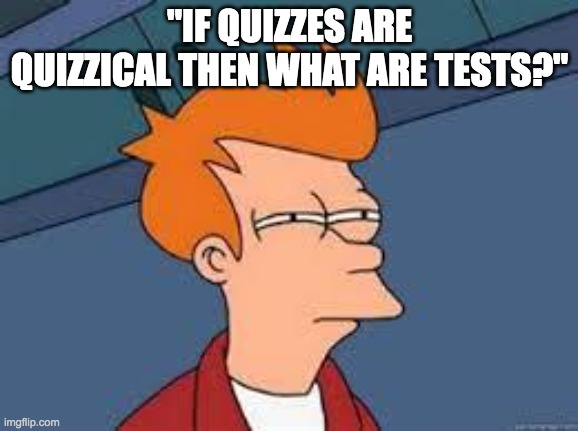 i fell for it | "IF QUIZZES ARE QUIZZICAL THEN WHAT ARE TESTS?" | image tagged in unsure fry,memes,test,big brain time | made w/ Imgflip meme maker