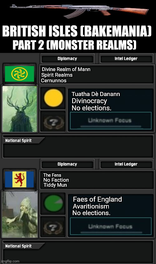 BRITISH ISLES (BAKEMANIA); PART 2 (MONSTER REALMS); Divine Realm of Mann; Spirit Realms; Cernunnos; Tuatha Dè Danann; Divinocracy; No elections. The Fens; No Faction; Tiddy Mun; Faes of England; Avaritionism; No elections. | image tagged in memes,ancient,gods | made w/ Imgflip meme maker