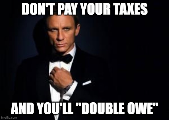 james bond | DON'T PAY YOUR TAXES; AND YOU'LL "DOUBLE OWE" | image tagged in james bond | made w/ Imgflip meme maker