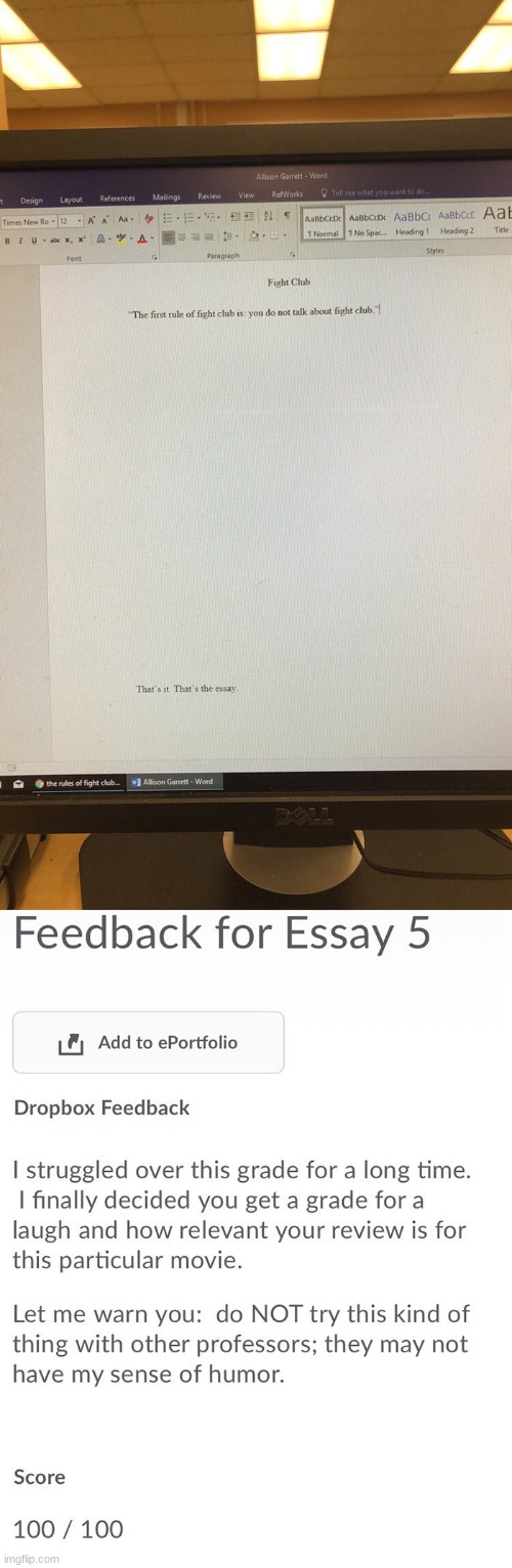 I did not write this essay I just found it on Reddit | image tagged in first rule of the fight club,essays | made w/ Imgflip meme maker