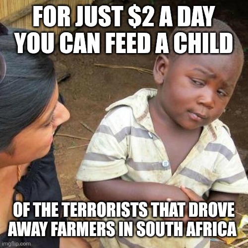 Third World Skeptical Kid Meme | FOR JUST $2 A DAY YOU CAN FEED A CHILD; OF THE TERRORISTS THAT DROVE AWAY FARMERS IN SOUTH AFRICA | image tagged in memes,third world skeptical kid | made w/ Imgflip meme maker