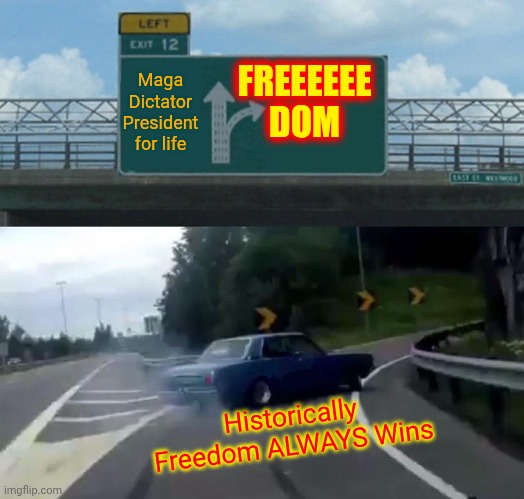 Sometimes Battles Get Ugly And Innocent People Get Unalived By The Greedy But Love And Equality ALWAYS Win In The End | FREEEEEE
DOM; Maga
Dictator
President for life; Historically
Freedom ALWAYS Wins | image tagged in memes,left exit 12 off ramp,freedom,free speech,freedom of the press,civil rights | made w/ Imgflip meme maker