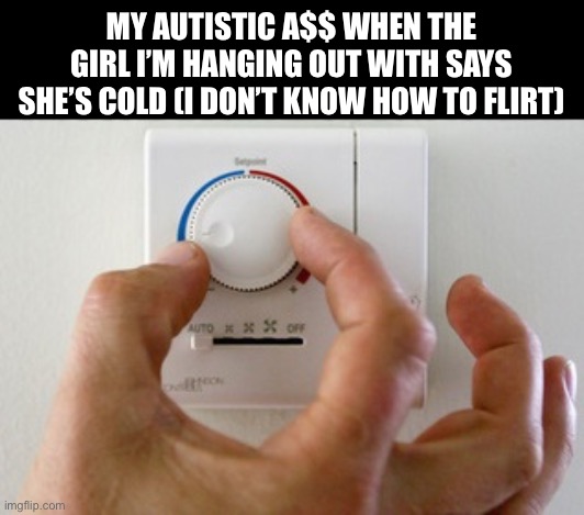 I ain’t ever getting a girlfriend | MY AUTISTIC A$$ WHEN THE GIRL I’M HANGING OUT WITH SAYS SHE’S COLD (I DON’T KNOW HOW TO FLIRT) | image tagged in thermostat air conditioner heater,memes,autism,dating,flirting | made w/ Imgflip meme maker