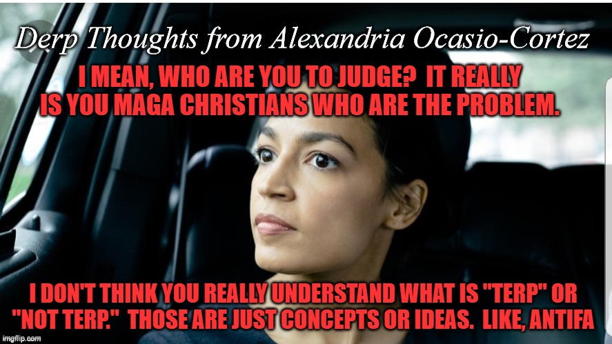 More Derp From #AOC | I MEAN, WHO ARE YOU TO JUDGE?  IT REALLY IS YOU MAGA CHRISTIANS WHO ARE THE PROBLEM. I DON'T THINK YOU REALLY UNDERSTAND WHAT IS "TERP" OR "NOT TERP."  THOSE ARE JUST CONCEPTS OR IDEAS.  LIKE, ANTIFA | image tagged in derp thoughts from aoc,maga,christian,democrats | made w/ Imgflip meme maker