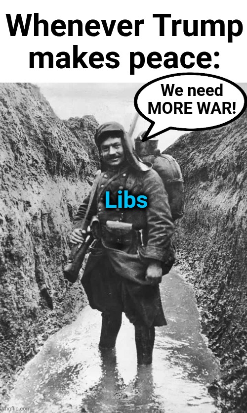 Whenever Trump
makes peace:; We need
MORE WAR! Libs | image tagged in memes,trump derangement syndrome,peace,war,abraham accords,democrats | made w/ Imgflip meme maker