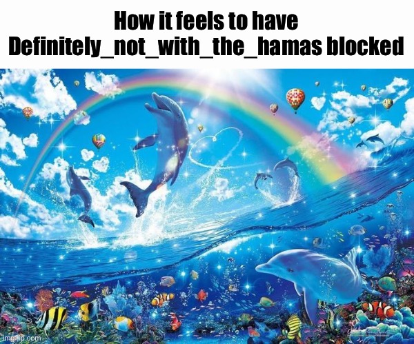 Hehehe I’m stealing someone else’s meme idea and I’m self aware about it look how cool I am | How it feels to have Definitely_not_with_the_hamas blocked | image tagged in happy dolphin rainbow | made w/ Imgflip meme maker