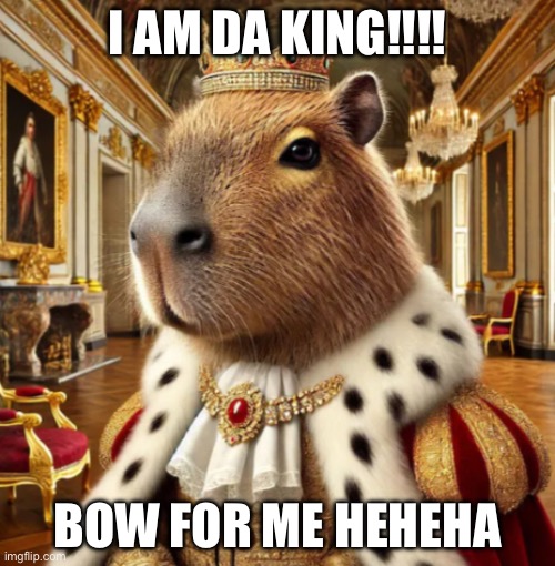 Capybara | I AM DA KING!!!! BOW FOR ME HEHE HA | image tagged in capybara | made w/ Imgflip meme maker