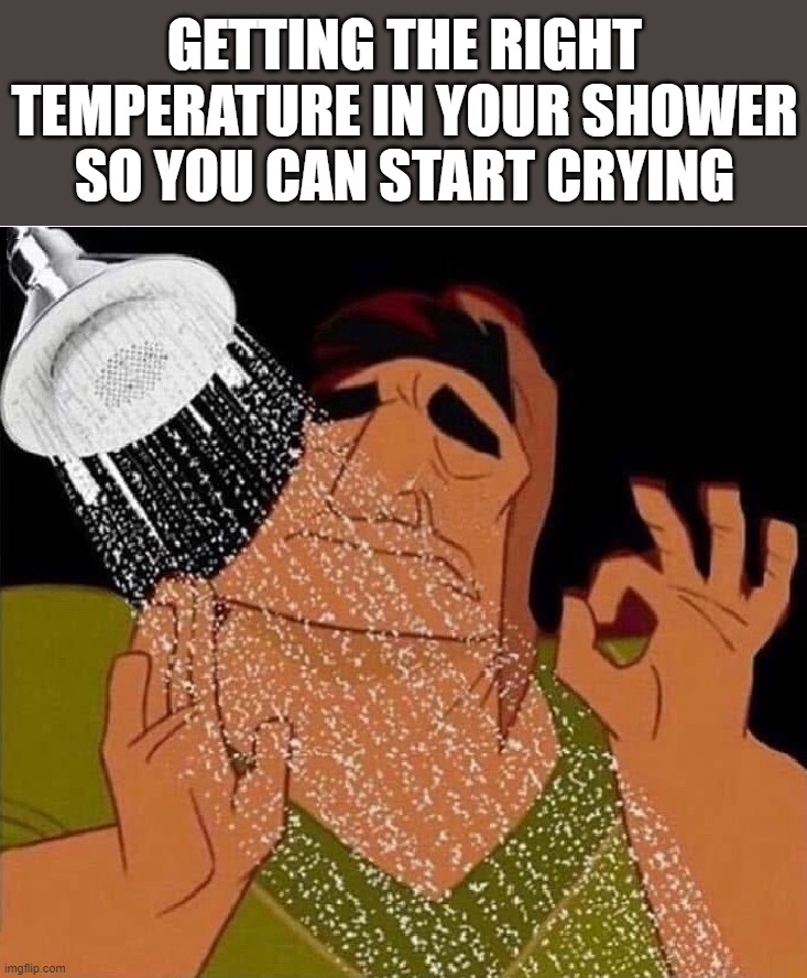 GETTING THE RIGHT TEMPERATURE IN YOUR SHOWER SO YOU CAN START CRYING | image tagged in shower thoughts | made w/ Imgflip meme maker