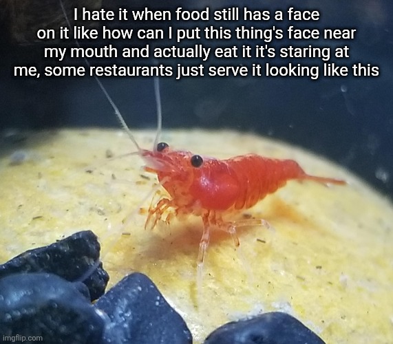 I hate it when food still has a face on it like how can I put this thing's face near my mouth and actually eat it it's staring at me, some restaurants just serve it looking like this | made w/ Imgflip meme maker