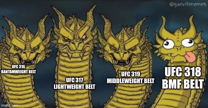 4 headed dragon | UFC 316 BANTAMWEIGHT BELT; UFC 317 LIGHTWEIGHT BELT; UFC 319 MIDDLEWEIGHT BELT; UFC 318 BMF BELT | image tagged in 4 headed dragon | made w/ Imgflip meme maker